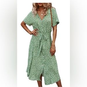 Women's Button Down Midi Dress Short Sleeve Shirt Dress